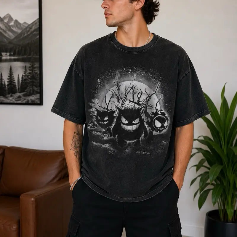 Gengar Gastly Haunter Ghost Type Spooky Halloween Graphic T-Shirt, Vintage Washed Anime Shirt, Oversized Unisex Tee, Retro Gamer Gift, Cute Graphic Streetwear