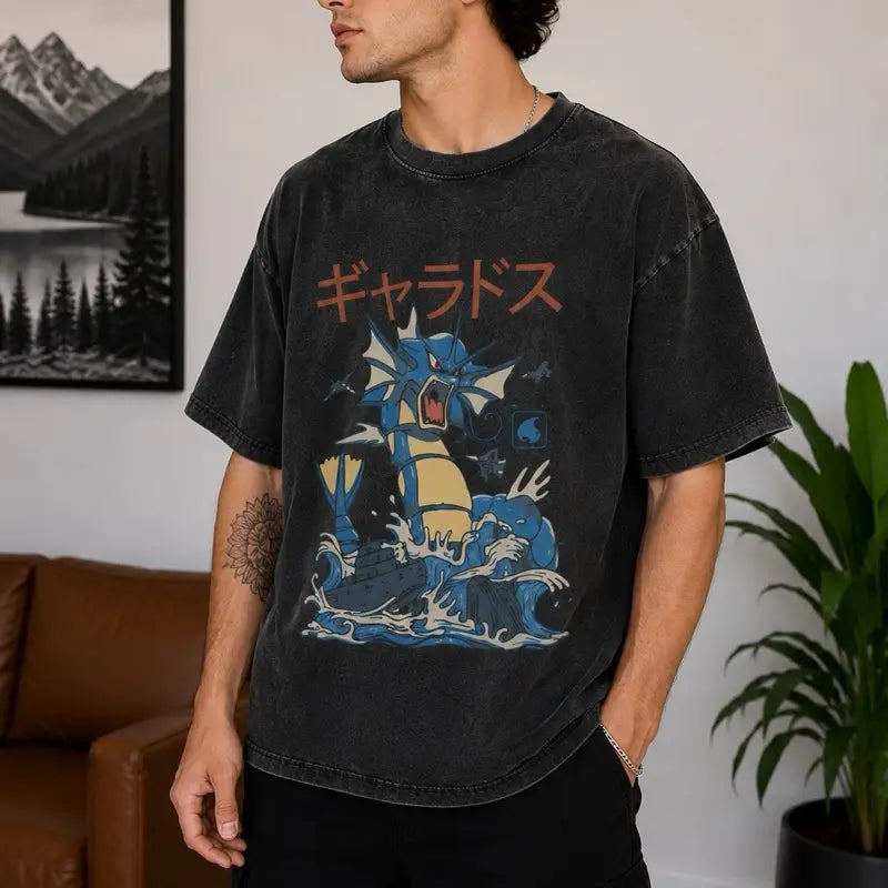 Vintage Washed Gyarados Graphic T-Shirt, Japanese Anime Oversized Tee, Unisex Shirt, Retro Gamer Gift, Streetwear Clothing