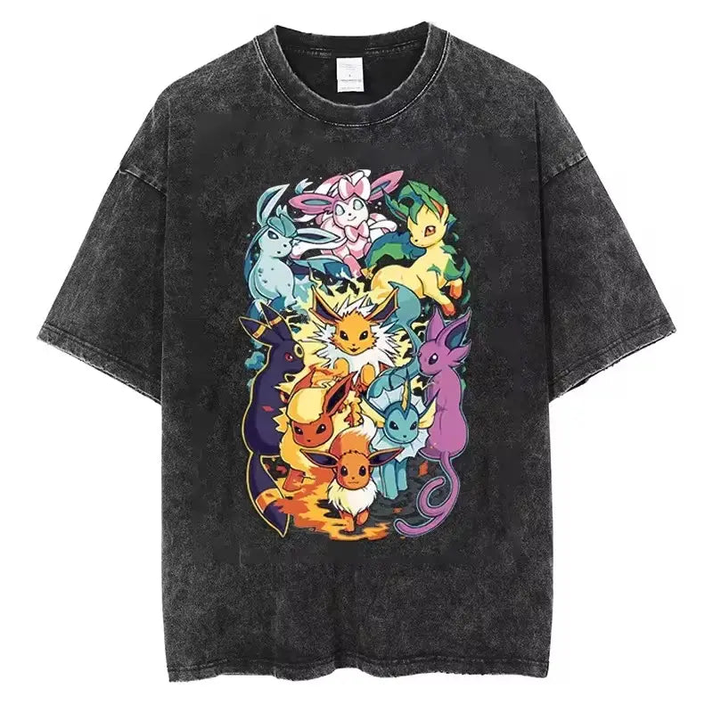 Eeveelutions Graphic T-Shirt, Vintage Washed Anime Shirt, Oversized Unisex Tee, Retro Gamer Gift, Cute Graphic Streetwear