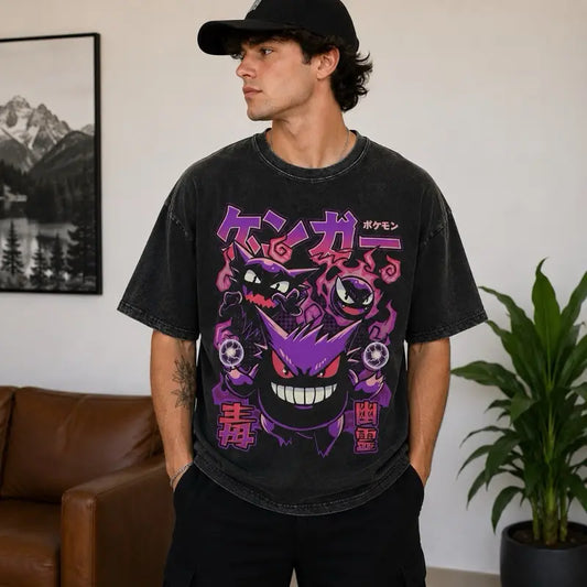 Japanese Gengar Gastly Haunter Ghost Type Spooky Graphic T-Shirt, Vintage Washed Anime Shirt, Oversized Unisex Tee, Retro Gamer Gift, Cute Graphic Streetwear