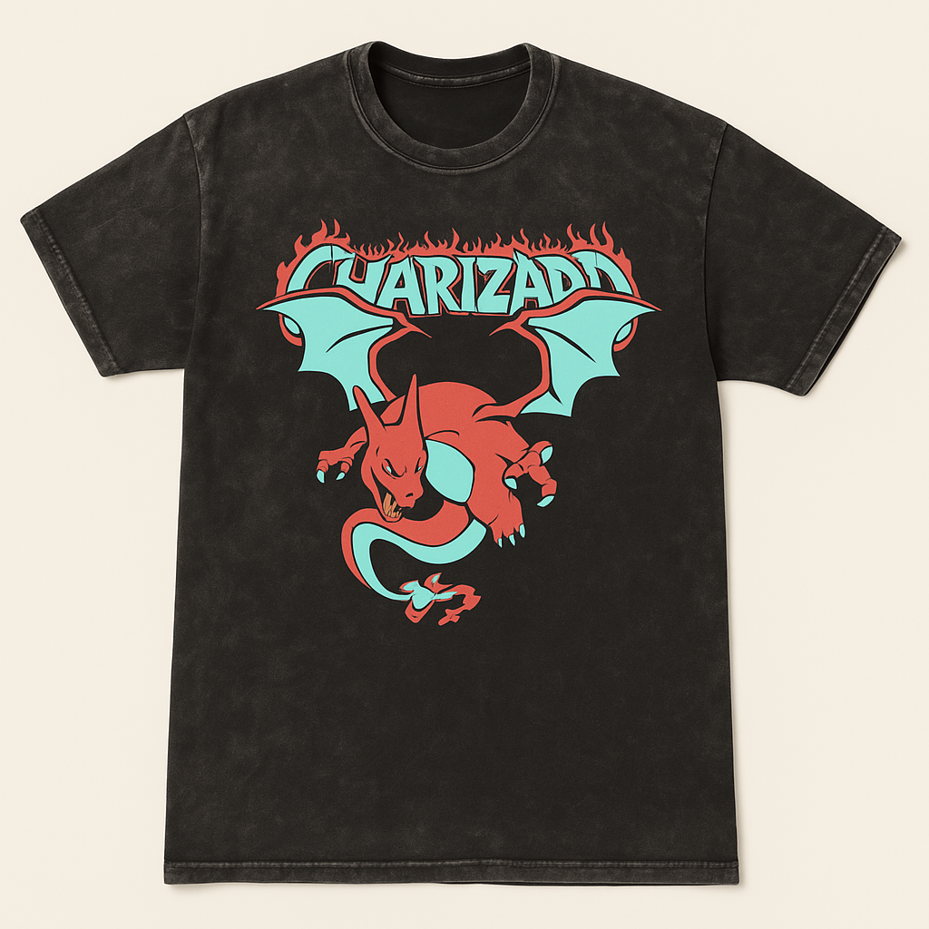 Retro Charizard T-Shirt - Mineral Washed, Short Sleeved Crew Neck Tee