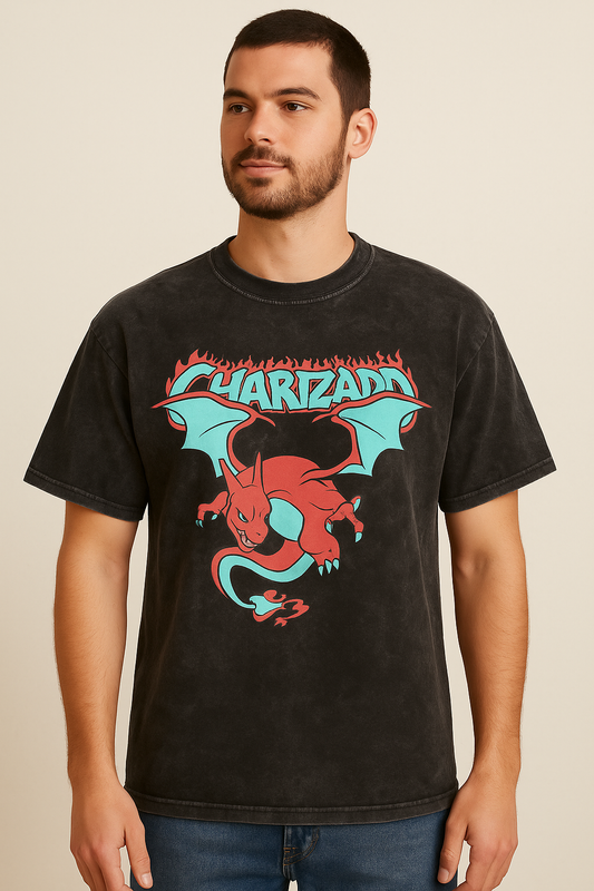Retro Charizard T-Shirt - Mineral Washed, Short Sleeved Crew Neck Tee