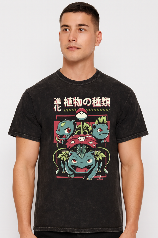 Japanese Bulbasaur, Ivysuar, Venusaur Evolutions T-Shirt - Mineral Washed, Short Sleeved Crew Neck Tee