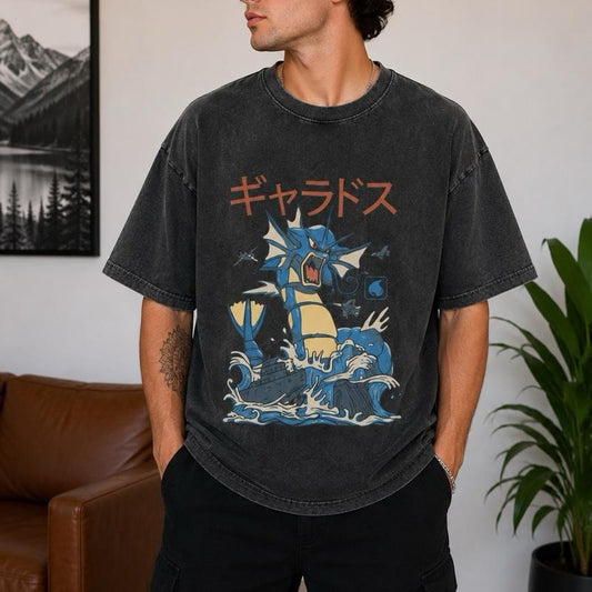 Vintage Washed Gyarados Graphic T-Shirt, Japanese Anime Oversized Tee, Unisex Shirt, Retro Gamer Gift, Streetwear Clothing