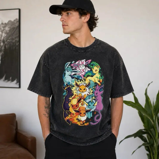 Eeveelutions Graphic T-Shirt, Vintage Washed Anime Shirt, Oversized Unisex Tee, Retro Gamer Gift, Cute Graphic Streetwear