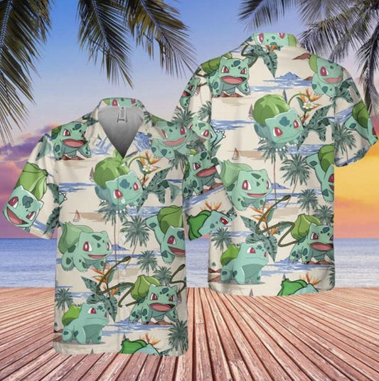 Tropical Bulbasaur Hawaiian Button-Up T-Shirt